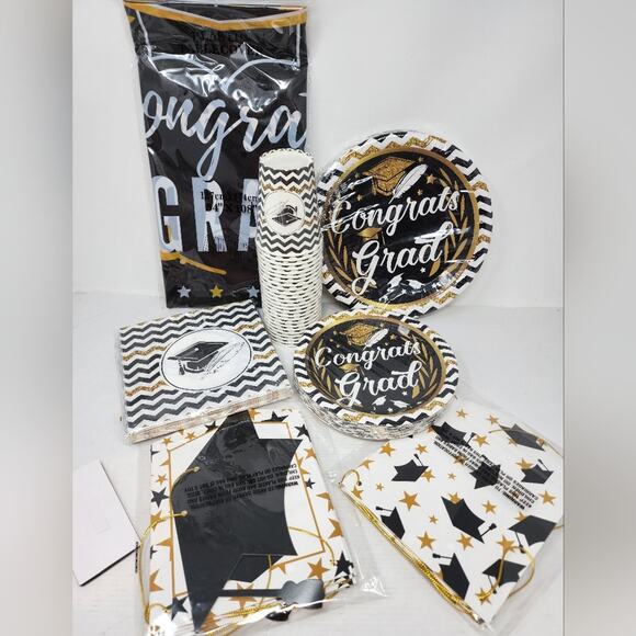 Grad Party Black & Gold Graduation Party Plates Cups Napkins Tablecloth Hangers - Picture 2 of 6